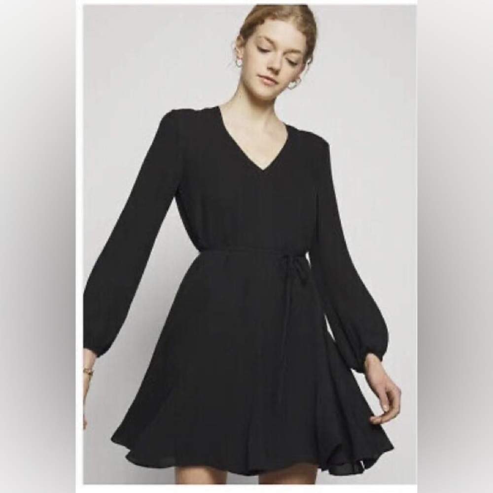Theory V NK Godet Dress Black Silk Long Sleeve V-Neck Tie Waist NWT Size S $395
